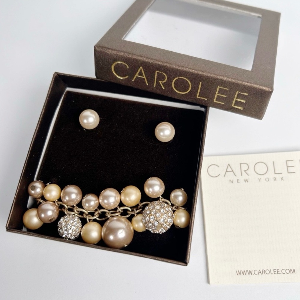 Carolee Bracelet Earring Boxed Set Charm Bracelet Pearls Dangling Pave GlobesNEW - Picture 5 of 9